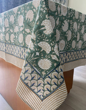 Tablecloth Floral Indian Print White & Moss Green