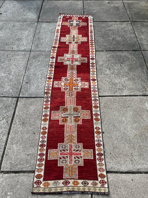 Rug Runner 2'5"x10'5" Red, Coral, Light Blue and Cream