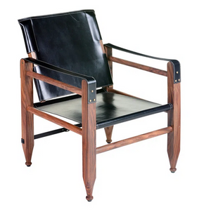Black Leather Campain Chair with Walnut Frame